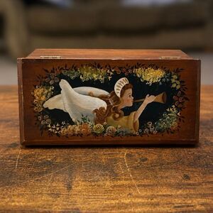 Handmade Folk Art Angel Wooden Keepsake Box Primitive Rustic Hand Painted Brown